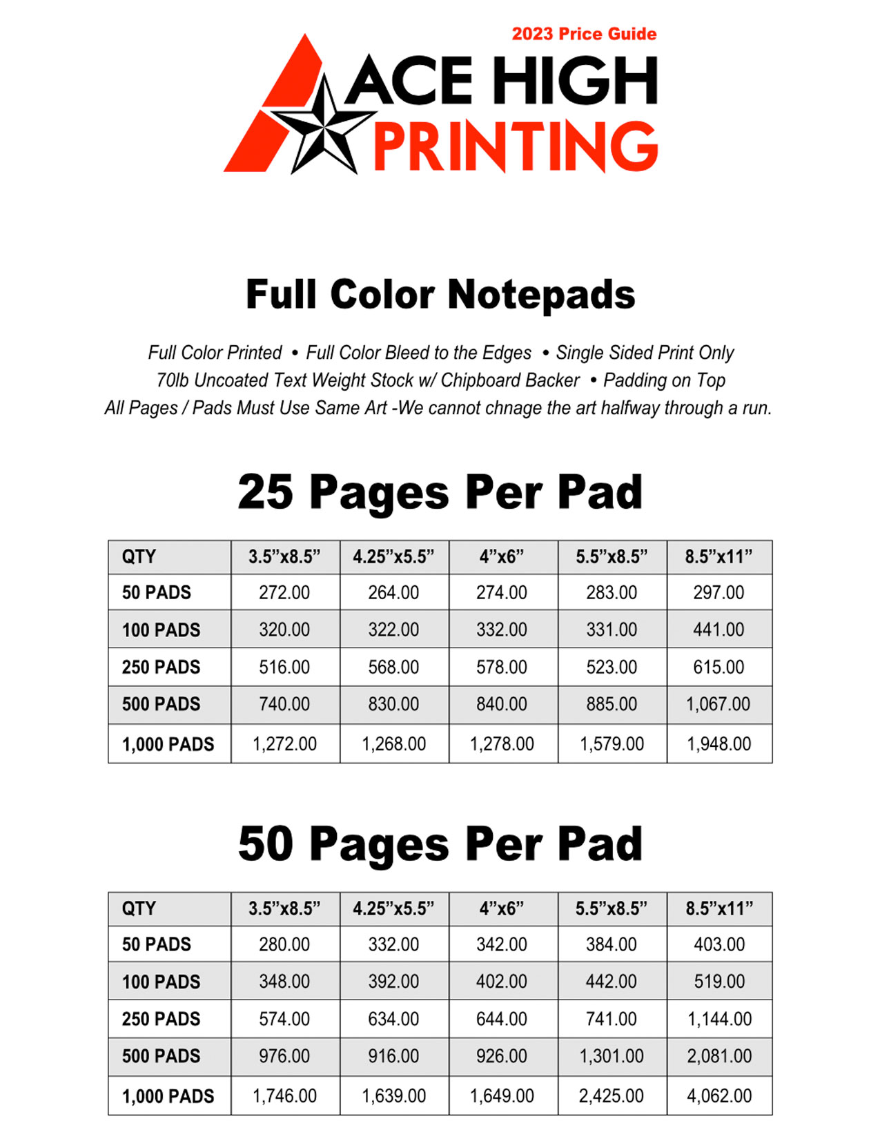 notepad pricing chart